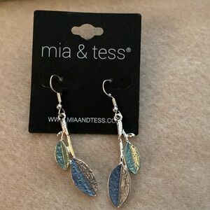 Mia & Tess Silver Tone and Blue Enamel Leaf Drop Earrings 2” J021